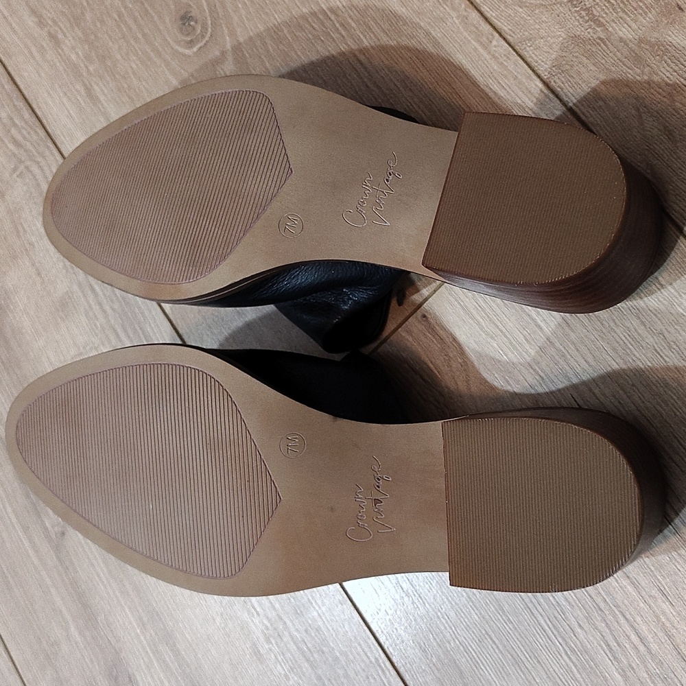 Black Leather Slip-On Mules,  Crown Vintage Rydel Black Leather Slip on Low Heel - Picture 8 of 12